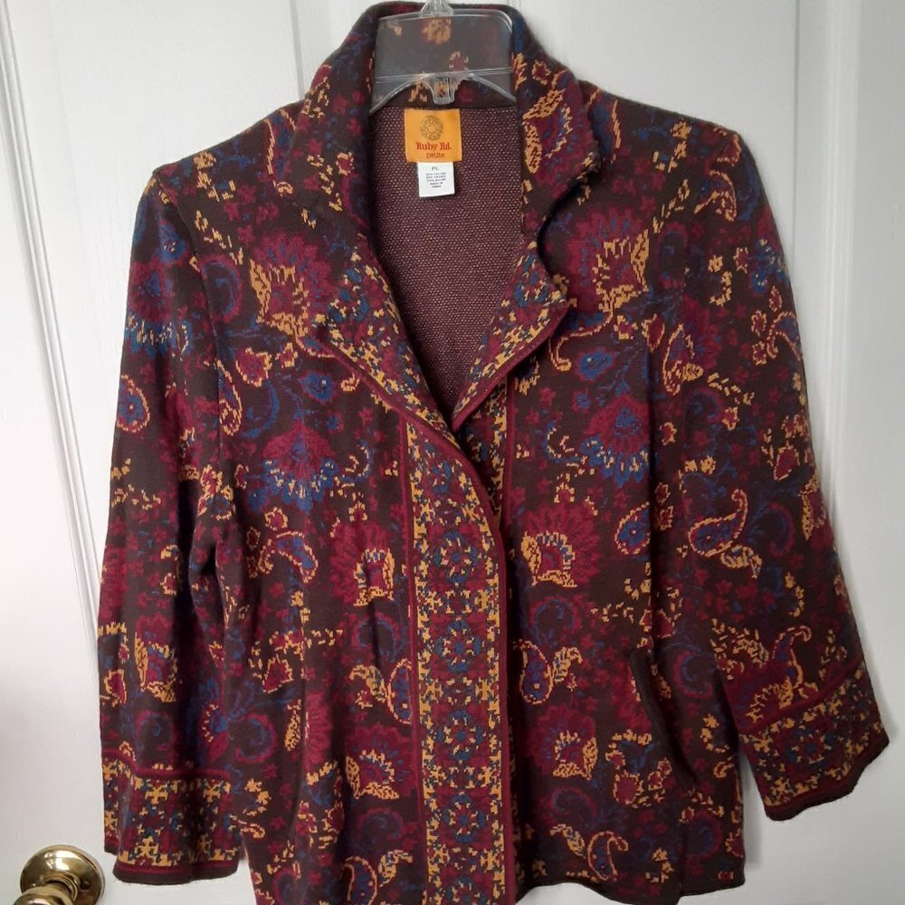 Ruby Rd. Size Large Petite Orange/Beige/Blue Print Long Sleeve Jacket